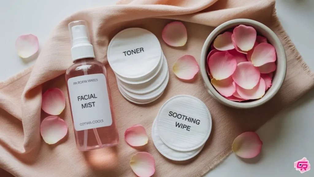 DIY rose water uses for kids’ skin: facial mist, cotton pad toner, and soothing wipes shown in a natural setting. Is rose water safe for kids skin