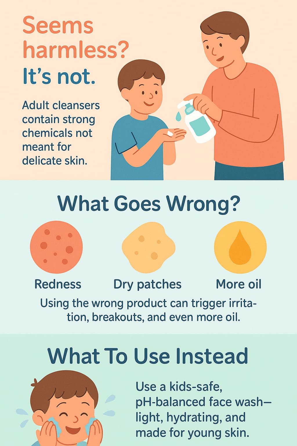Infographic showing 5 common skincare mistakes parents make for kids with oily skin — including overwashing, using adult products, skipping moisturizer, choosing harsh cleansers, and not using sunscreen. Designed in soft pastel colors with kid-friendly visuals and clear, easy-to-read bullet points.