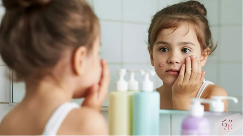 A young child looking in the mirror with early signs of acne on the face, symbolizing kids' skincare awareness