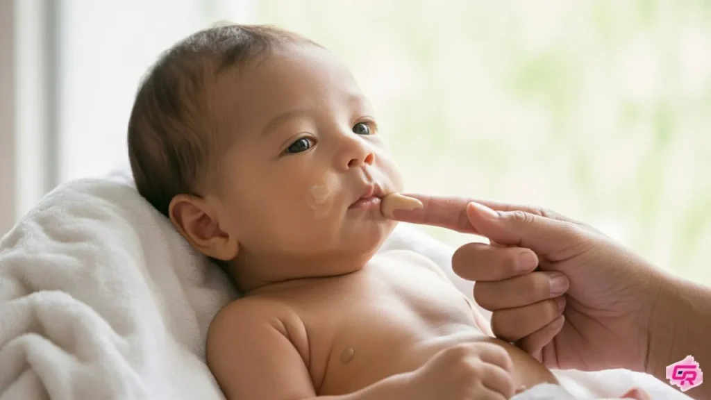 Mother dabbing breastmilk on baby’s acne with fingertip – gentle home remedy for baby acne