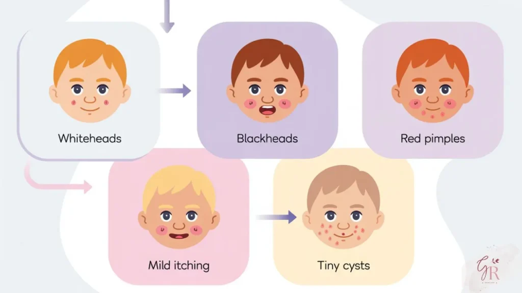Visual breakdown of early acne signs in kids including whiteheads, blackheads, red bumps, itching, and small cysts
