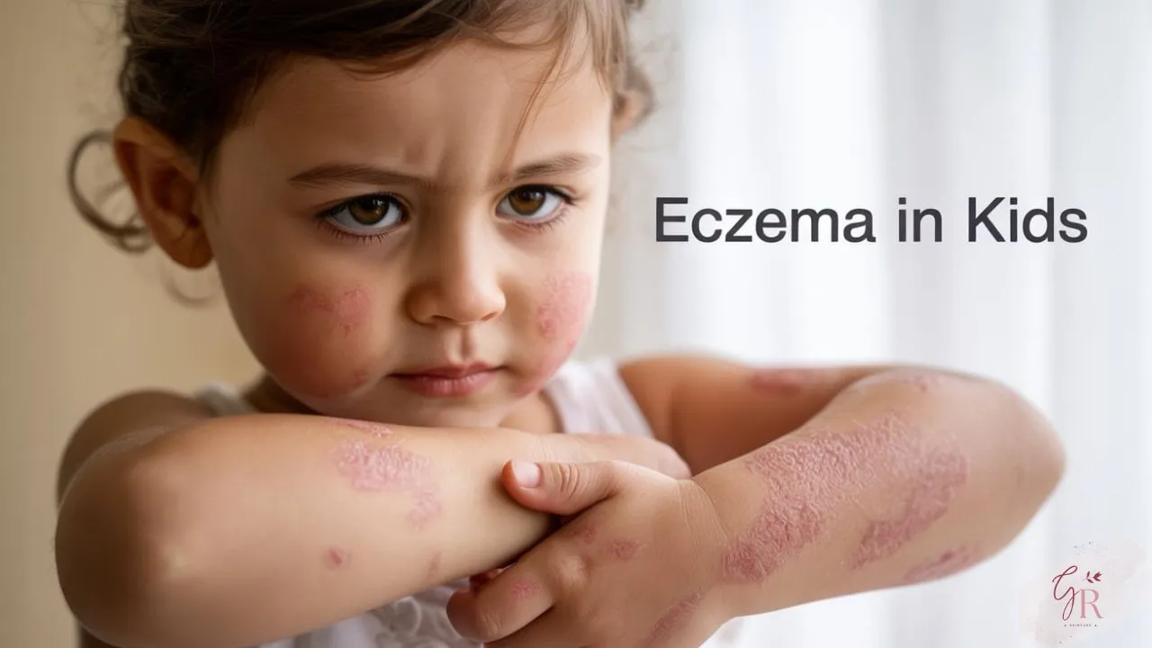 Close-up of child with visible eczema in kids patches on face and arms, showing discomfort