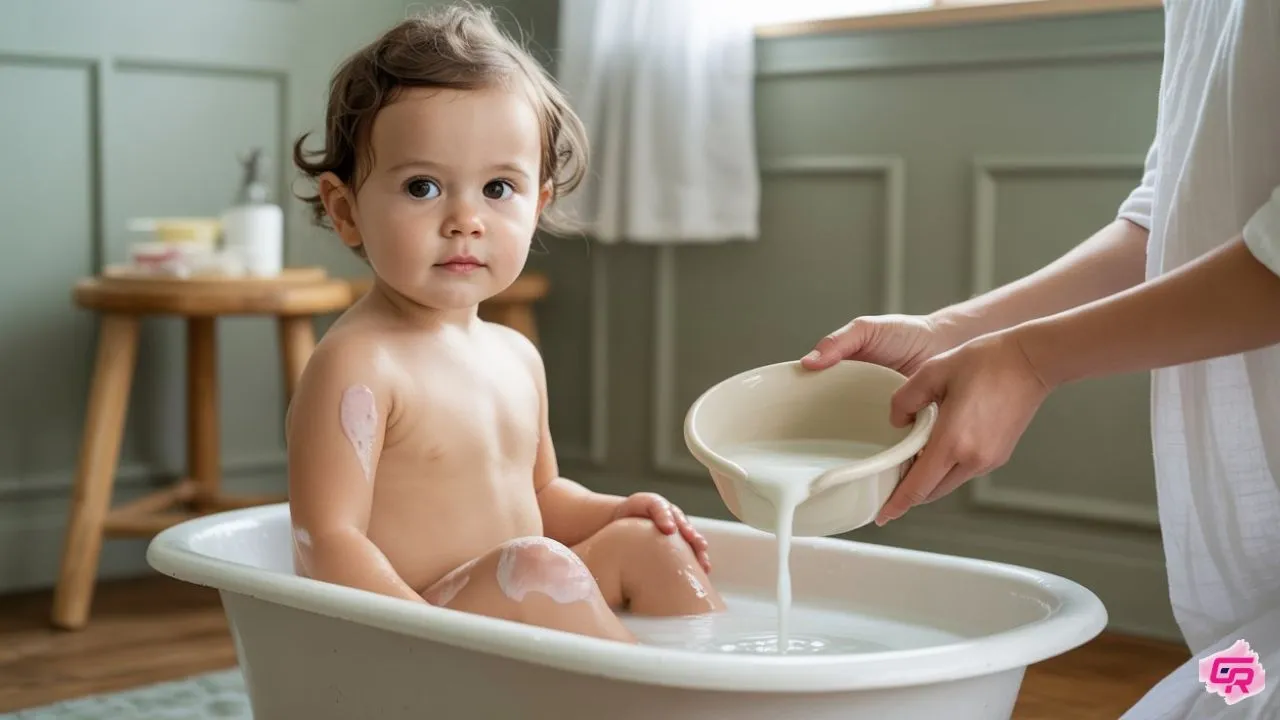 Soothing oatmeal bath for kids with eczema — mother pouring milky oat water into tub during home eczema care routine