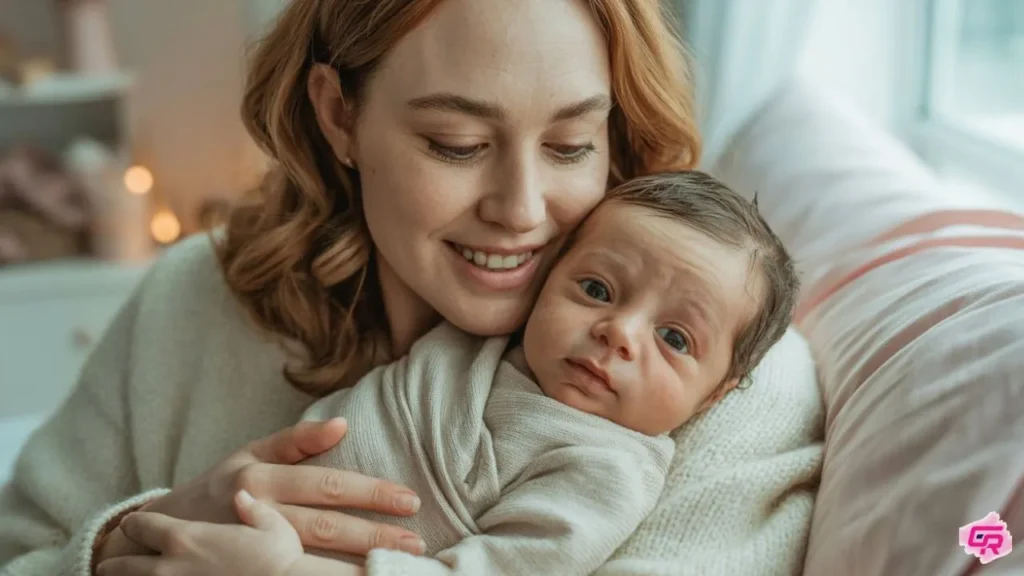 Mother gently holding baby with mild baby acne on cheeks – how to treat baby acne at home