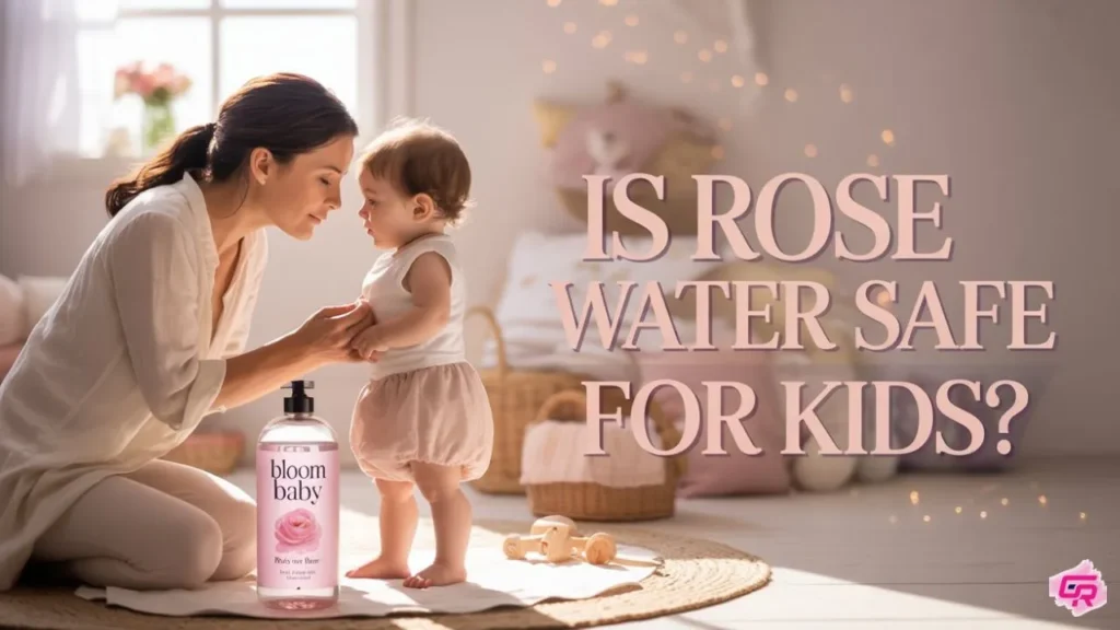 Worried mom checking if Is rose water safe for kids skin using a gentle spray on child’s cheek — natural skincare concept for kids
