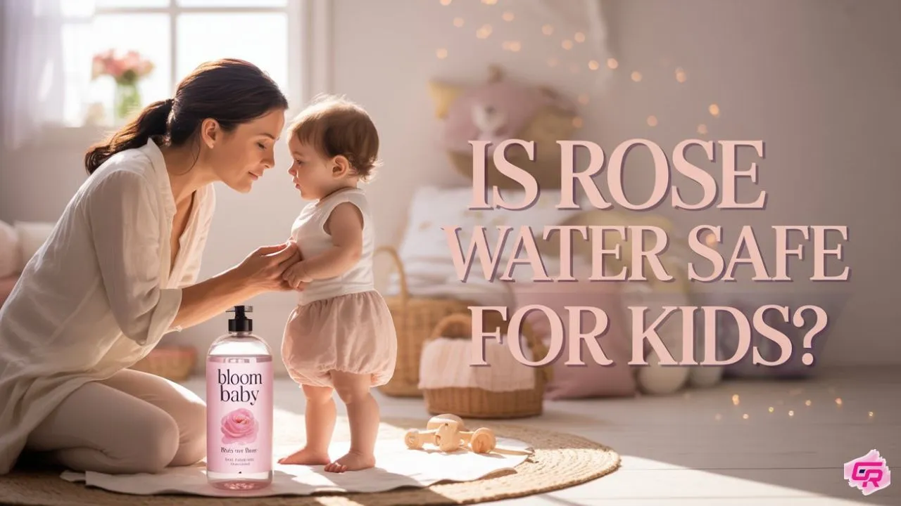 Worried mom checking if Is rose water safe for kids skin using a gentle spray on child’s cheek — natural skincare concept for kids