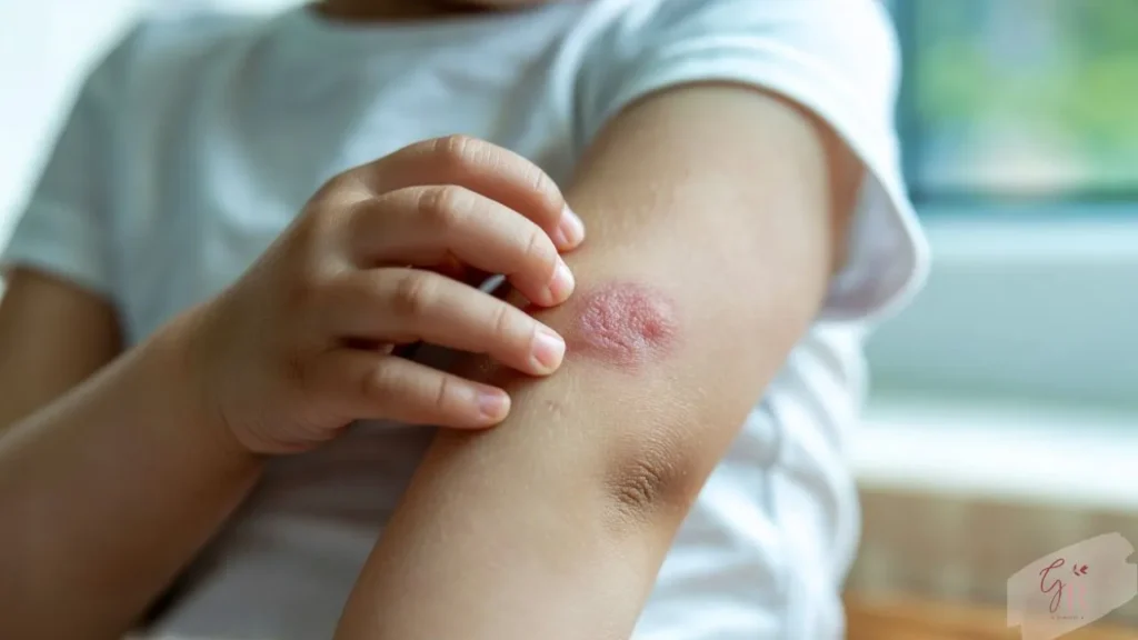 Red, itchy eczema patches on child’s arm being scratched gently