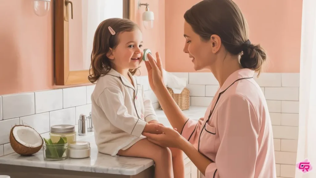 Natural moisturizer for kids with dry skin being gently applied by mom after bath