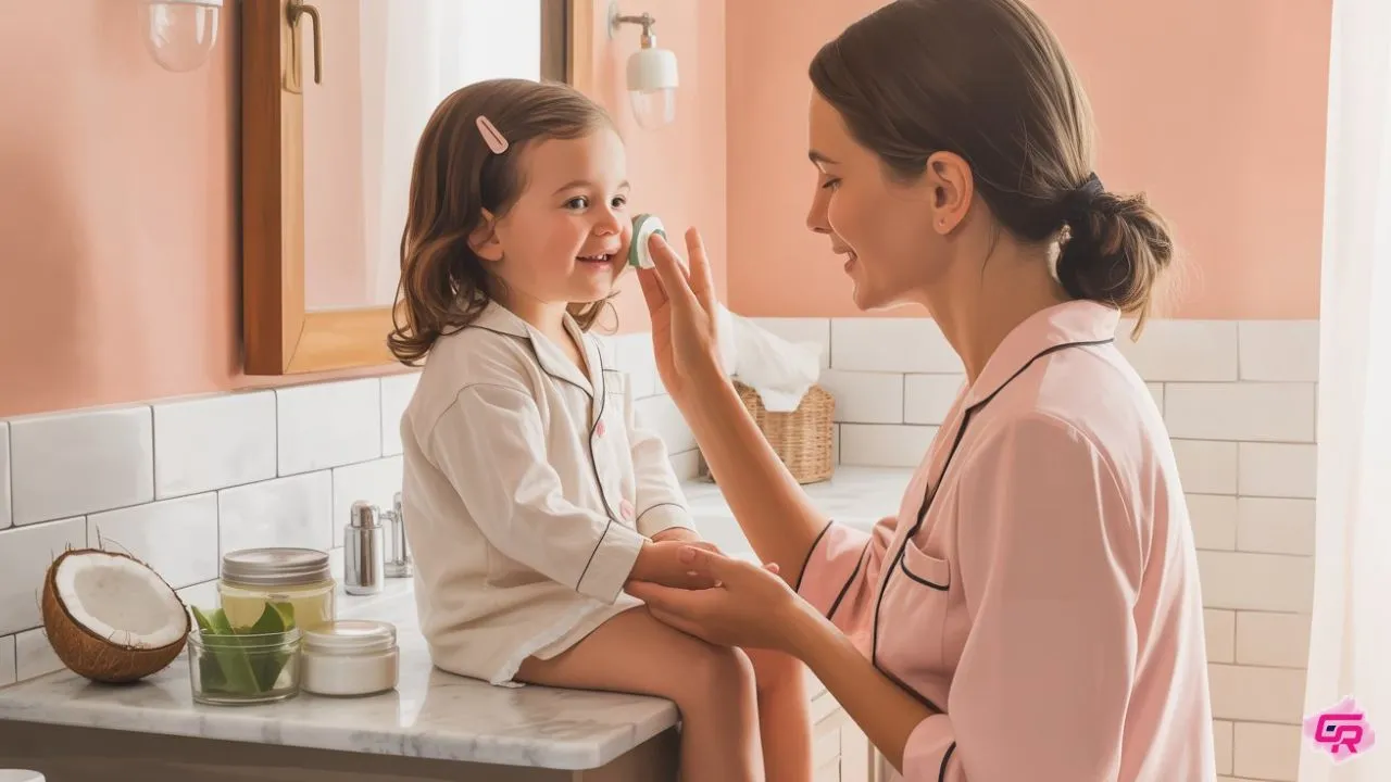 Natural moisturizer for kids with dry skin being gently applied by mom after bath