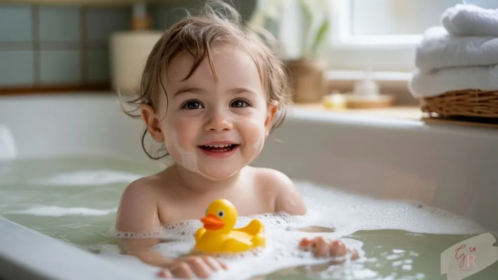 Child enjoying oatmeal bath to relieve eczema in kids symptoms