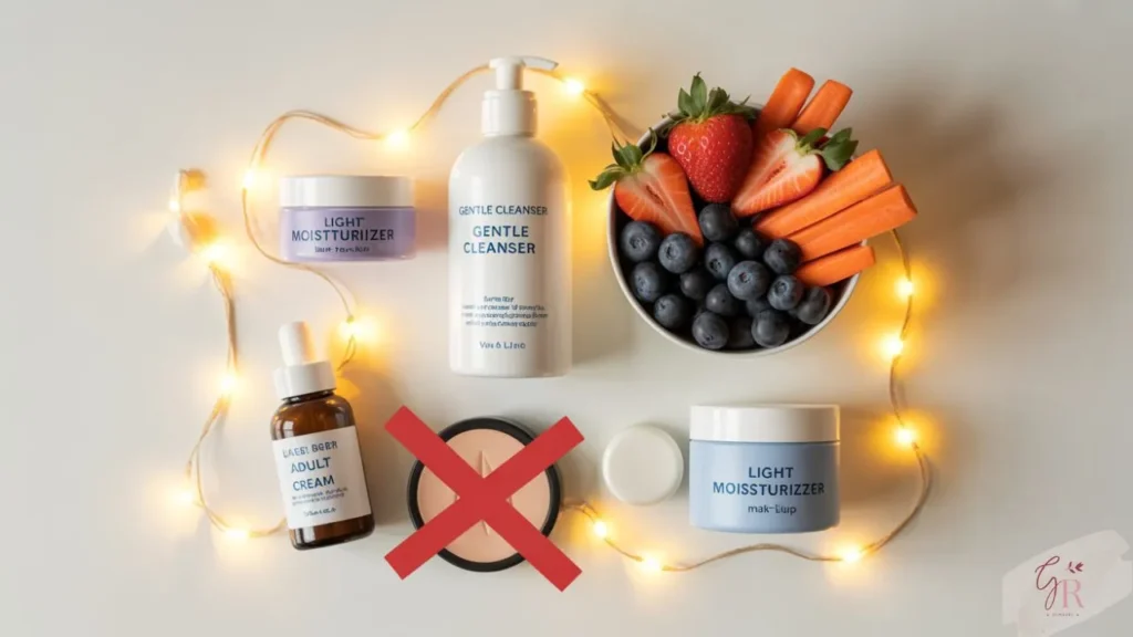 Safe skincare items and healthy habits for treating acne in children — with a warning sign on adult products