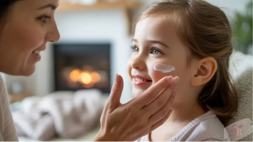 Mom applying moisturizer to her kid’s face — part of dry skin care routine for children.