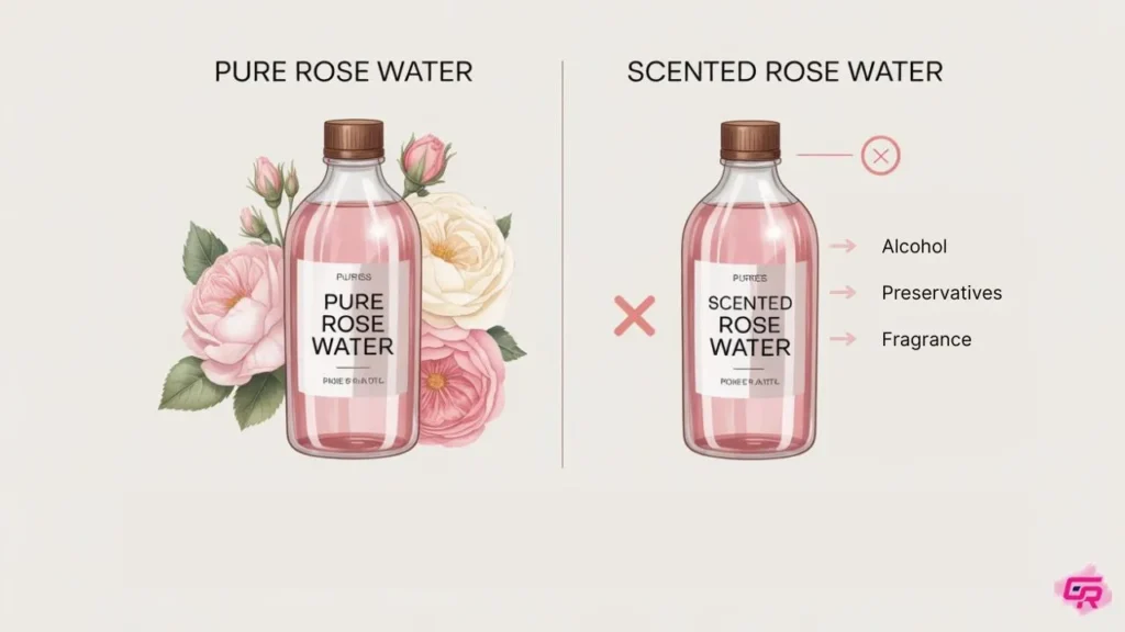 Comparison between pure rose water and commercial scented water — highlighting safe ingredients for kids’ skin.
