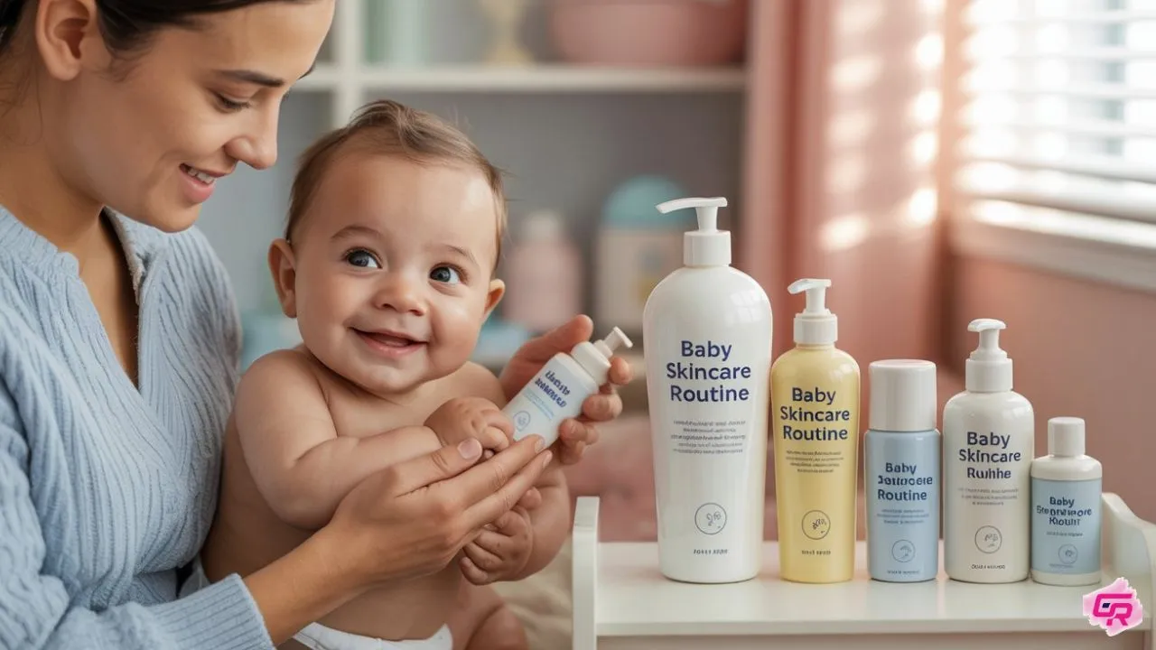 Happy baby receiving gentle care during baby skincare routine in cozy nursery setting, focusing on safe and effective baby skincare routine