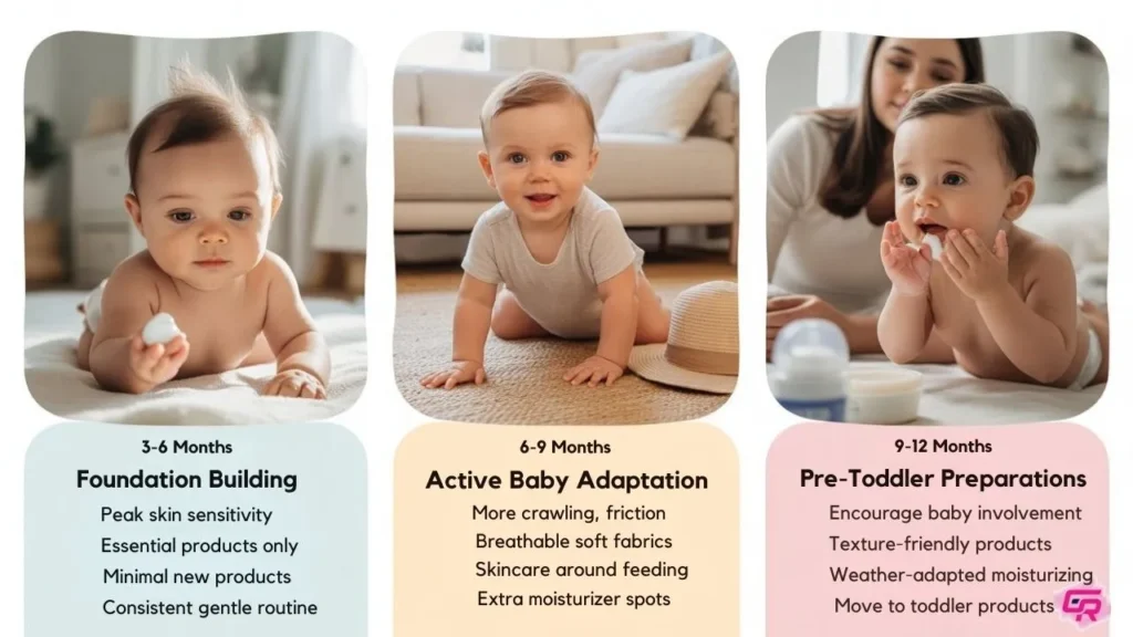 Colorful illustrations showing babies at 3-6, 6-9, and 9-12 months receiving age-appropriate skincare care, highlighting a daily baby skincare routine tailored to each stage.