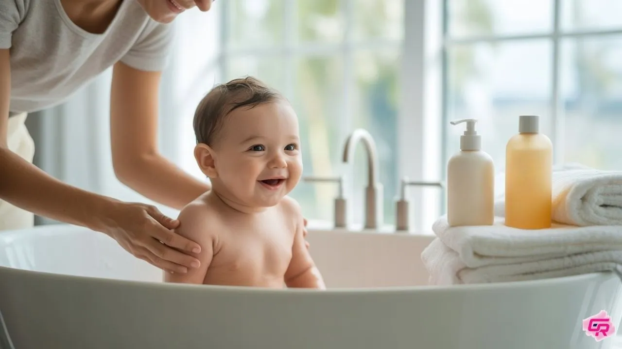 Parent gently bathing baby using fragrance-free products, illustrating baby skincare routine for 3-12 months.